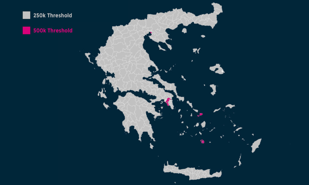 위도의 그리스 골든 비자 지도.